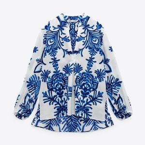 ZARA Blue and White Printed Blouse Top